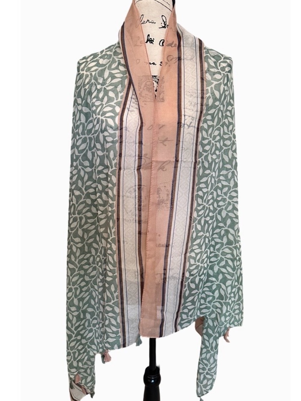 Sage Green Botanical Scarf Tassel Trim Lightweight Oversized Wrap Shawl - Picture 3 of 4